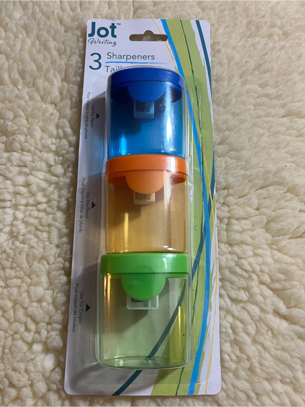 Jot Writing 3-Piece Pencil & Crayon Sharpener Set Blue Orange Green New